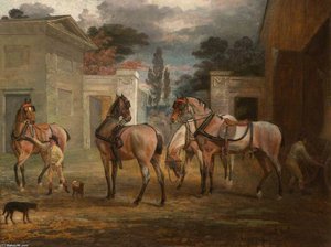 Four Roan Coach Horses With Two Grooms