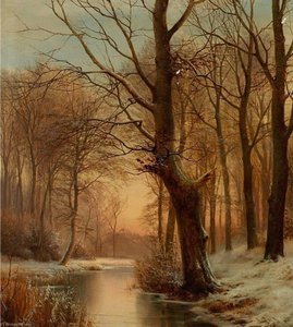 Late Afternoon In A Forest With A Frozen Brook — Anders Anderson Lundby