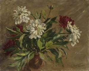 White And Burgundy Flowers In A Brown Vase — Gertrude Crompton