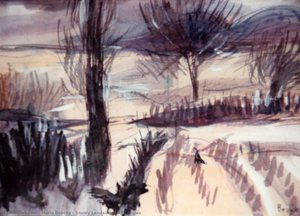 Snowy Landscape With Crows — Mária Bozóky