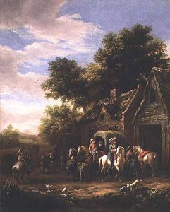 Landscape With Travellers Beside A Cottage (panel) — Barend Gael Or Gaal