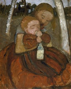 Girl with a Baby Among Birch Trees