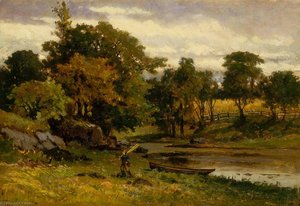 Untitled (landscape, Boat Moored Near Stream, Man Walking In Foreground) — Edward Mitchell Bannister
