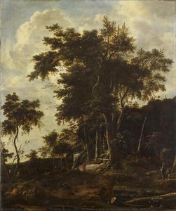 Forest landscape with a woodsman"s shed, Roelant Roghman, 1650 - 1692