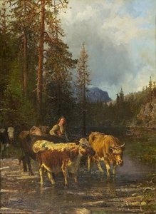 Milkmaid And Cows By Watering Place — Anders Monsen Askevold