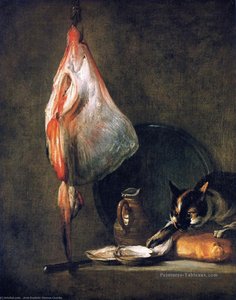 Cat With Ray, Oysters, Pitcher And Loaf Of Bread — Jean-baptiste-siméon Chardin