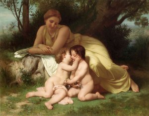 Young Woman Contemplating Two Embracing Children — William-adolphe Bouguereau, Realist Academic Painting