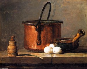 Tinned Copper Pot, Pepper Box, Leek, Three Eggs And A Casserole — Jean-baptiste-siméon Chardin