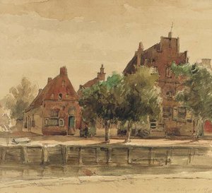 Houses By The Harbour At Hasselt, Overijssel — Cornelis Springer