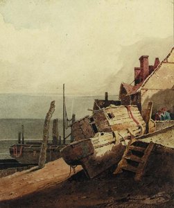 A Beached Fishing Vessel, With Fishermen Beyond — Samuel Prout