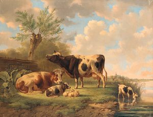 Cattle, Sheep And A Goat By A River — Albertus Verhoesen