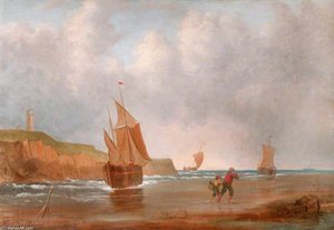 Coastal Scene With Yachts, And Fisherfolk On A Beach — William Collins