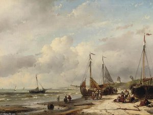 Fishermen And Fishing Boats Along The Dutch Coast — Andreas Schelfhout