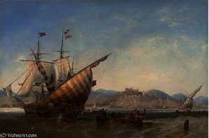 A British Frigate And Mediterranean Xebecs Off Sidon, Lebanon — John Wilson Carmichael