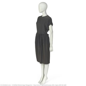 Day Dress In Gunmetal Grey Silk Crepe With Tie Belt — Cristóbal Balenciaga Eizaguirre
