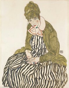 Edith With Striped Dress, Sitting — Egon Schiele, Expressionism