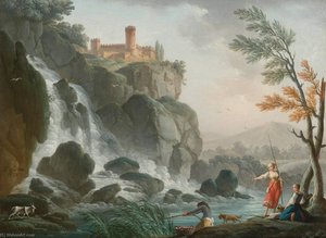 Fishing at the edge of a river with a waterfall, below a castle