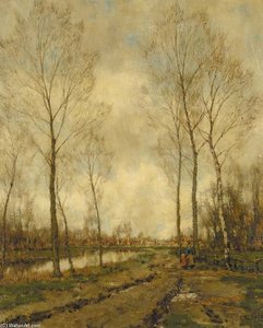 A Mother And Child Strolling Along A Waterway — Arnold Marc Gorter