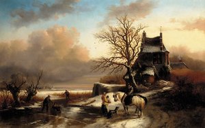 Figures By A Cottage In A Dutch Winter Landscape — Andreas Schelfhout, Dutch Golden Age