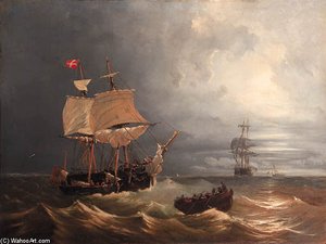 Pilots In A Rowingboat Heading For A Two-master On A Rough Sea