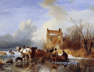Fishermen On Ice Sun — Andreas Schelfhout