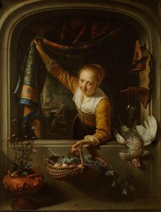 Girl With A Basket Of Fruit At A Window — Gerrit Dou