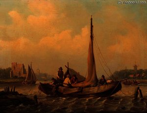 Sailors In Moored Barges On A River Estuary — George Willem Opdenhoff