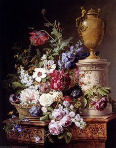 Still-life With Flowers And Insects On Marble Plinth — Gerard Van Spaendonck