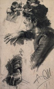 Study Of A Female Figure In Profile, With Related Studies Of A Hat And Right Hand — Adolph Von Menzel