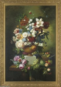 Parrot Tulips, Narcissus, Peonies, Chrysanthemums, Carnations, Lilies And Roses In An Urn With Fruit To The Side, On A Stone Ledge — Thomas George Webster
