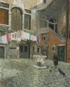 Courtyard With Cat Lady, Venice, Italy — Geoffrey Scowcroft Fletcher