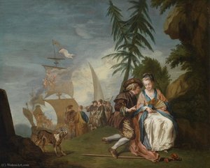 A gallant couple in front of Embarkation for Cythera