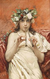 Flute-playing boy with ivy in her hair