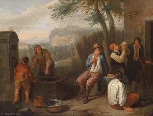Southern Landscape With Drinking At A Fountain Compatriots — Norbert Van Bloemen