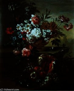 Still Life Of Flowers In An Urn With Fruit — Pieter Casteels Iii