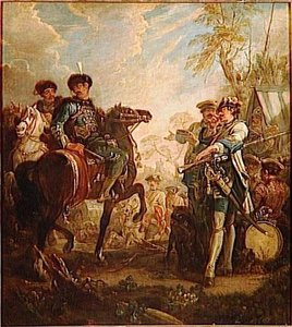 SCENE DE LA VIE MILITAIRE SOUS LOUIS XV GARDE FRANCAISE ET HUSSARDS PRES D'UN CAMP