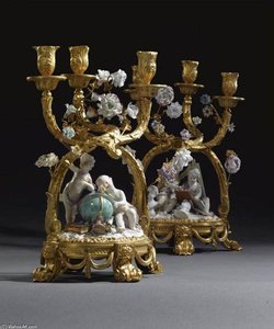 A Pair of Gilt-Bronze-Mounted Meissen Porcelain Candelabra