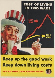 Keep Up The Good Work\nkeep Down Living Costs\npay No More Than Ceiling Prices — Leon Helguera, 1899-1970, Propaganda Art