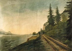 Railroad Along Columbia River, (painting) — Flora A Morgensen