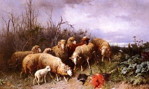 Schafe Eine Vogelscheuche Betrachtend — Friedrich Otto Gebler