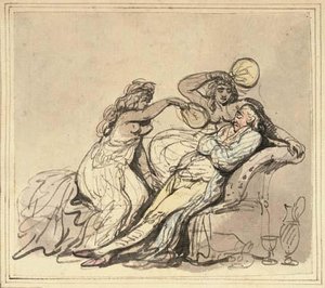 Two Women Waving Fans In Front Of A Man Sitting On A Chair — Thomas Rowlandson