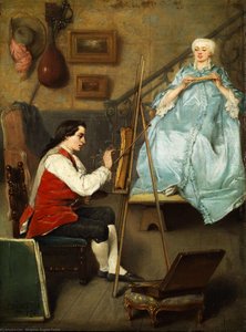 Young Painter Portraiting A Young Women In A Blue Silk Dress. — Benjamin Eugène Fichel