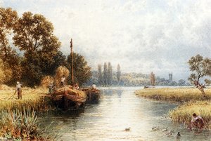 Loading The Hay Barges, With A Young Woman Taking Water From The River In The Foreground — Myles Birket Foster, Realism