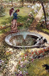 Lady Walking By A Fountain In The Kissingen Spa Garden — Adolph Von Menzel