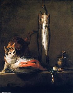 Cat With Salmon, Two Mackerel, Pestle And Mortar — Jean-baptiste-siméon Chardin