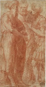 Three men in conversation, one dressed in roman armor