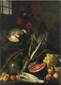 Natura Morta Con Cardo, Cavolo, Angurie, Melagrana, Cacciagione E Fiori — Tommaso Salini