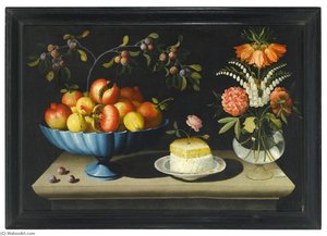 Still Life With A Blue Bowl Of Pomegranates And Peaches, A Plate Of White Cheese With A Honeycomb And A Rose, And Flowers In A Glass Vase — Bernardo Polo