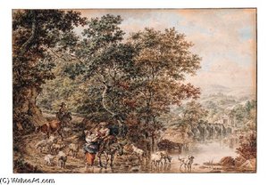 Herdsmen With A Child And Cattle By A River In An Italianate Landscape