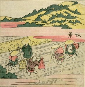 Travelers Crossing River — Katsushika Hokusai, Japanese Ukiyo-e